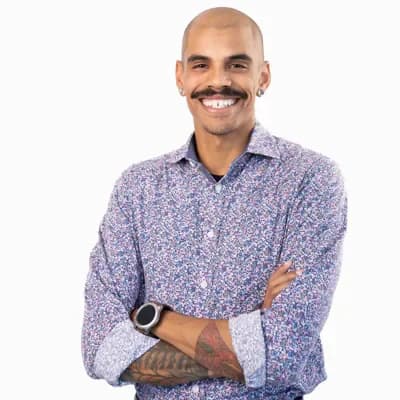 Actor headshot example — Portland studio (character look, bald with mustache)