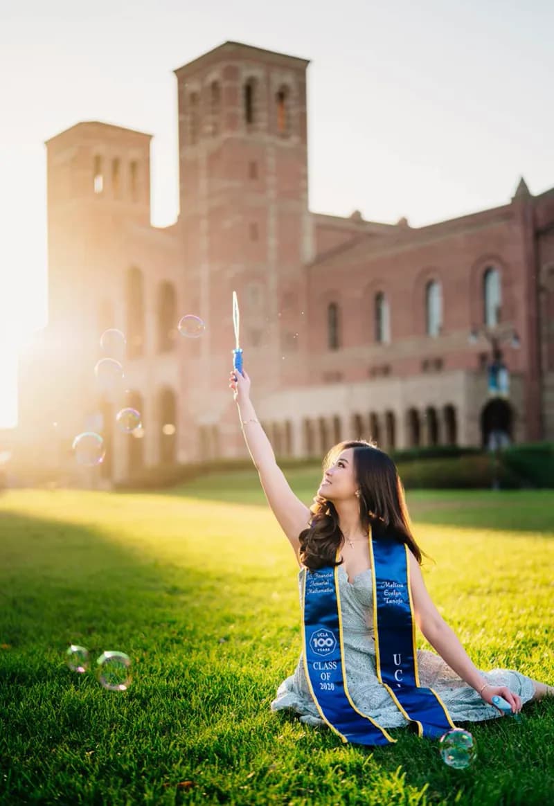 Graduation portrait with bubbles at UCLA