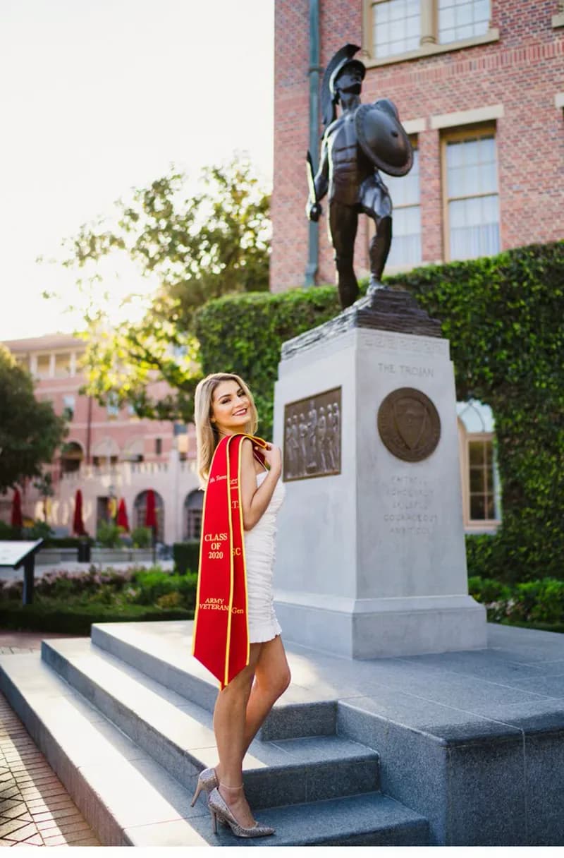 Classic USC graduation portrait at Tommy Trojan