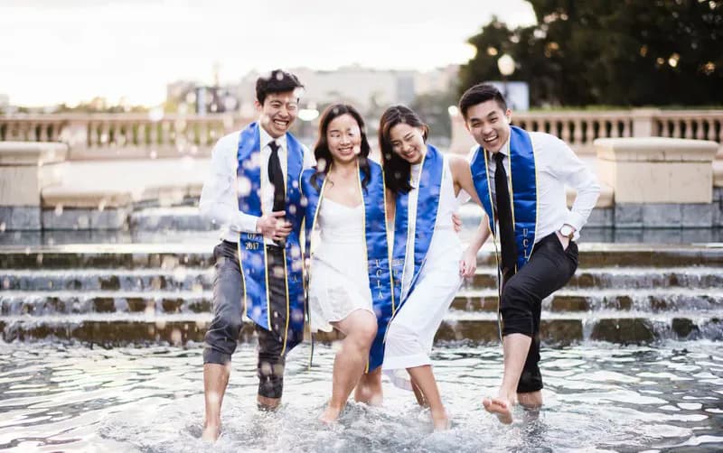 UCLA group graduation photo at Shapiro Fountain