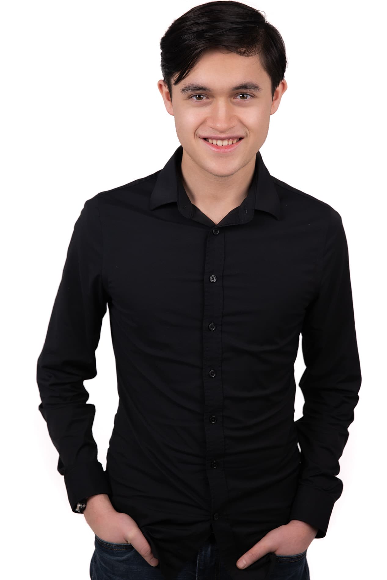 Professional headshot of young man with dark hair in a black button-up shirt against a white background
